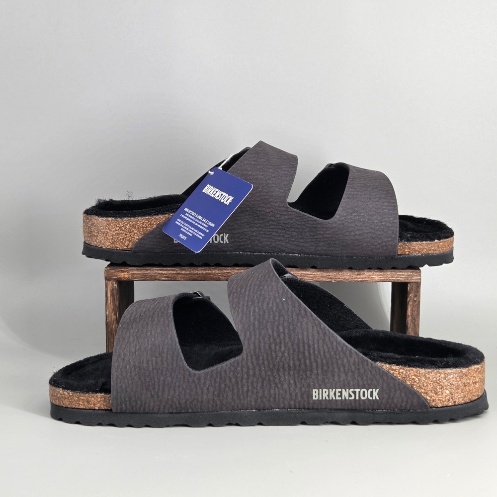 Birkenstock Arizona BS Sandals Mens 8 L10 Desert Dust Black Shearling Cozy Slide